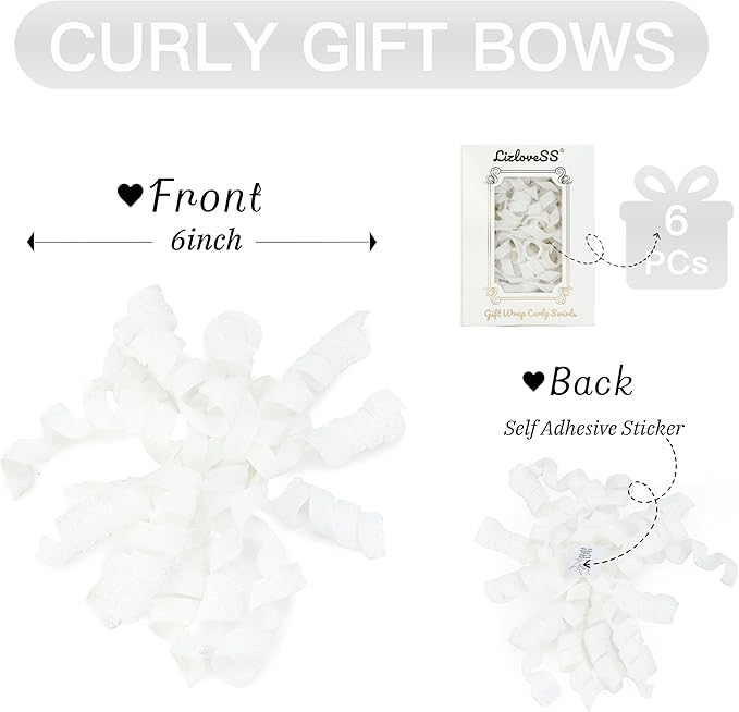6" Metallic Glitter White Self Adhesive Curly Ribbon Gift Wrap Bows for Christmas, Holiday, Birthday, Wedding, Presents, Party Favors Decorations 6-Count