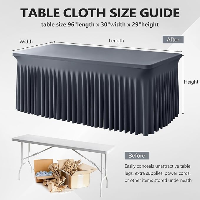 Wish Care 6 Pack Gray Spandex Table Clothes for 8 Foot Rectangle Tables, 8FT Wrinkle Free Fitted Tablecloths Ruffles Design Table Cover for Party, Banquet, Wedding and Events