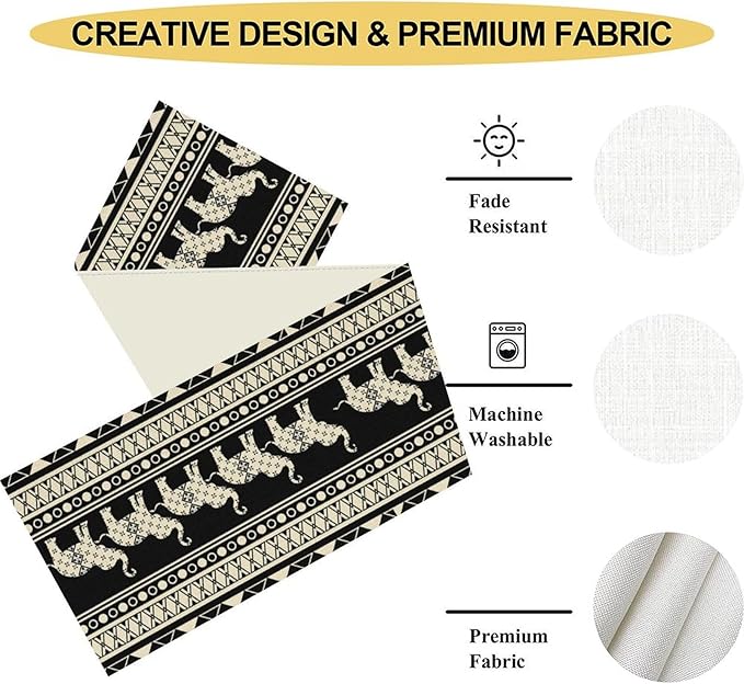 Ethnic Table Runner, Rustic Farmhouse Boho Geometric Elephant Aztec Tribal Print Black Table Center Decor for Home Kitchen Dining Patio Holiday Party Indoor Outdoor Table Decorations, 13"x72" Inch