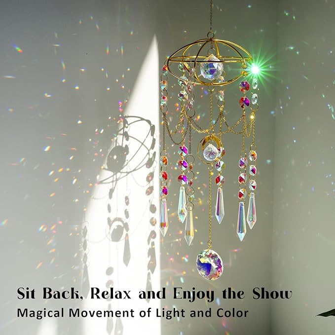 H&D HYALINE & DORA Colored Prisms Crystal Suncatcher Gold Window Sun Catcher Hanging Wind Chime Rainbow Sun Catcher for Home Garden Porch