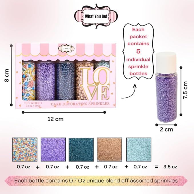 Confect Sprinkles Mix – Pack of 5 Assorted Cake & Cupcake Decorating Sprinkles – Bright Blue, Rose Gold & Gold Dragees, Baby Blue Jimmies, Purple Sparkling Sugar | Aquamarine Party Sprinkles– Vegan, Gluten-Free, Nut-Free, Soy-Free, Dairy-Free, Palm Oil...