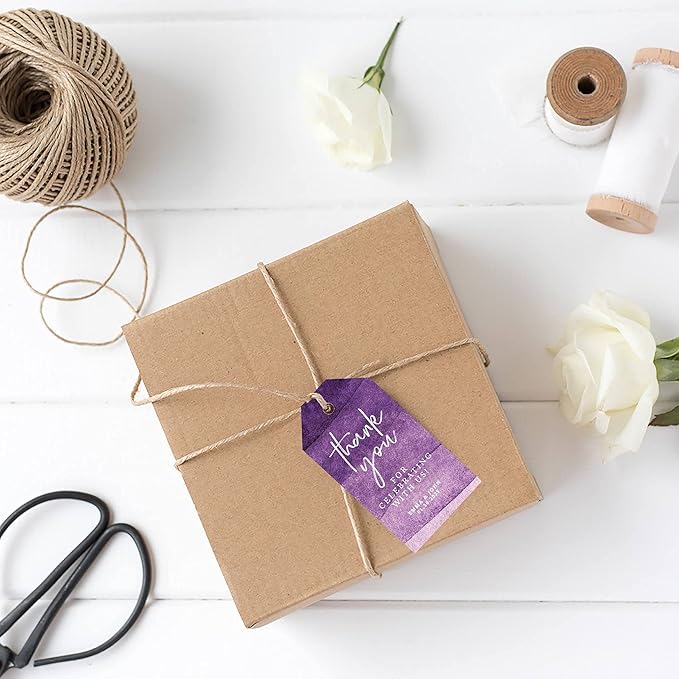Andaz Press 100-Pack Personalized Thank You for Celebrating with Us Wedding Favor Tags with Bakers Twine Purple Ombre Watercolor Custom Cardstock Wedding Gift Tags for Party Favors 2 x 3.75-Inches