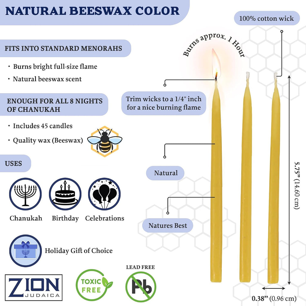 Quality Natural Beeswax Hanukkah Candles Set of 45 - Standard Size Chanukah Candle 5.75" Tall - Premium Bee Wax Chanukkah Candles Fits Standard Menorahs by Zion Judaica