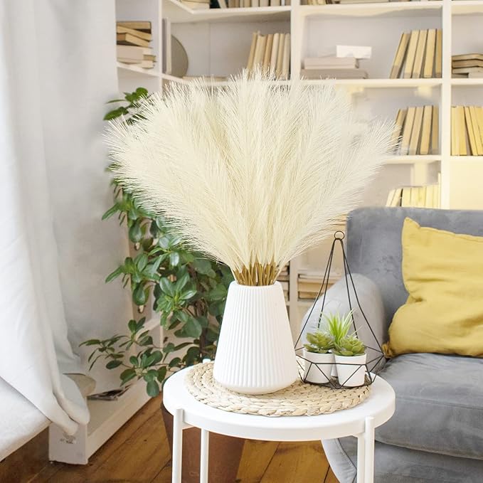 50PCS Faux Pampas Grass, 21.6" Short Artificial Pompous Grass Floral Fake Pompas Grass Branches Vase Filler Flower Arrangement for Home Wedding Boho Decor, Beige