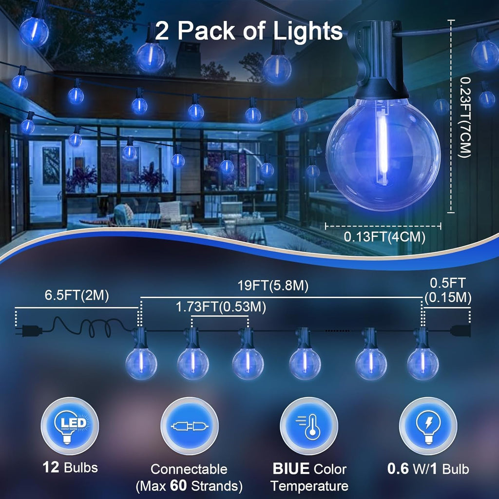 LAMPHOME 2-Pack 26Ft Outdoor String Lights, Blue LED Shatterproof Patio Lights with 12+1 Edison Bulbs, Perfect for Hanukkah, Bistro, Christmas & Party Decorations