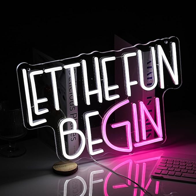 Let The Fun Begin Neon Sign USB Powered White Pink Fun Light Up Sign for Wall Decor Dimmable Led Letters Neon Light for Birthday Wedding Halloween Christmas Party Home Decor (15.8 * 11.8In)