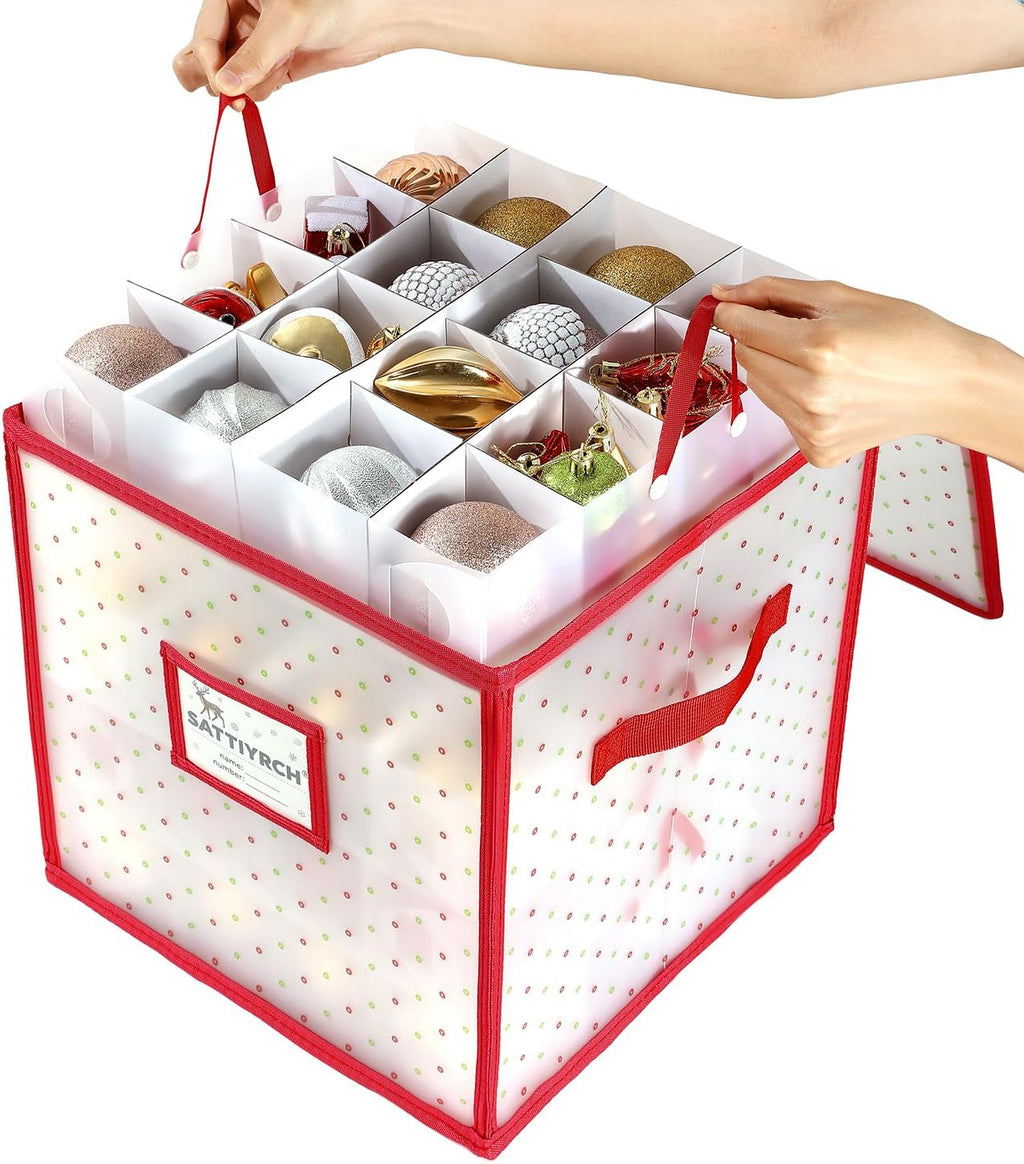 Sattiyrch Plastic Christmas Ornament Storage Box with Trays,Customizable Dividers, Dust-Proof Durable Ornament Organizer Holder,Christmas Storage Containers,Holds 64 x 3 Ornaments