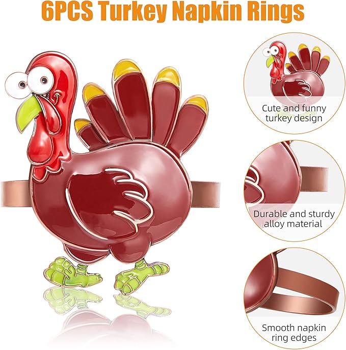 Halatool Thanksgiving Colorful Turkey Napkin Rings Set of 6, Funny Metal Festival Napkin Holders for Thanksgiving Weddings Holidays Gathering Dinner Party Decorations