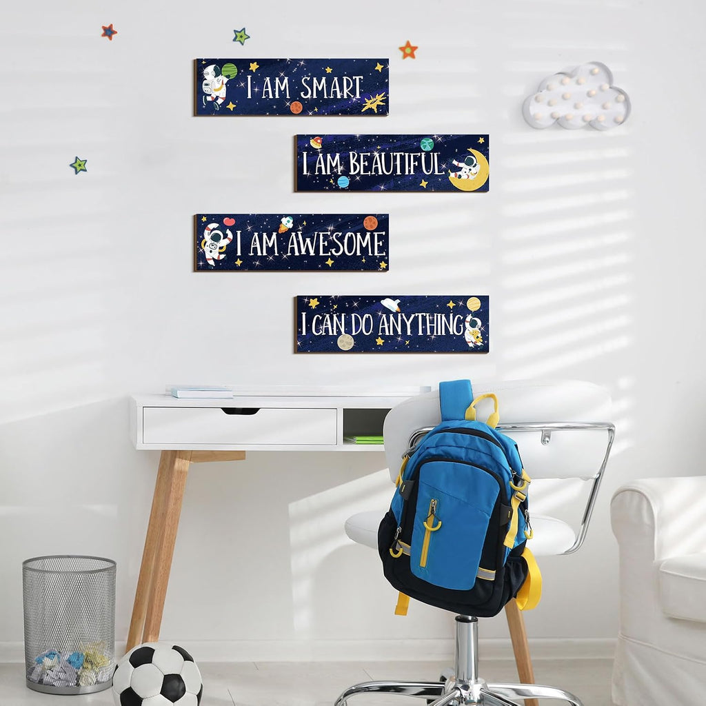 Yookeer 4 Pcs Space Room Decor for Kids Boys Outer Space Wall Art Bedroom Decor for Nursery Classroom Astronaut Galaxy Posters Spaceman Wood Sign Be Brave and Be Kind for Baby Boy(I)