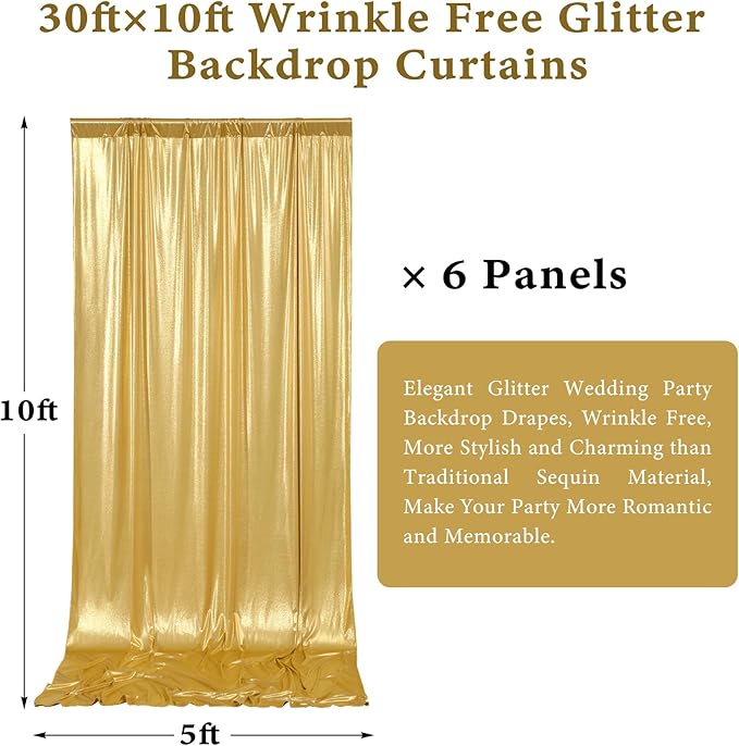 Outpain 30x10ft Gold Sequin Backdrop Curtains -Heavy Duty Gold Photography Backdrops with Non-Shedding Glitter, Wrinkle-Free Stage Drapes for Wedding/Christmas/Studio Shoots (5x10ft 6 Panels)