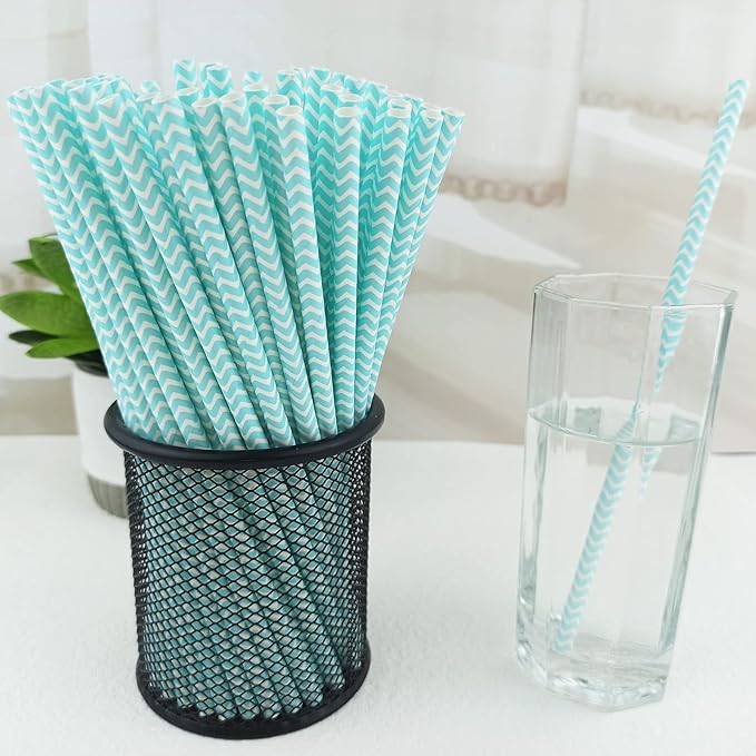 YAOSHENG Premium Disposable Waves Striped Drinking Paper Straws, Pack 100 Light Blue Waves Paper Straws for Cocktail Party Supplies,Birthday,Bridal/Baby Shower,Juice,Shakes (Light Blue Waves)