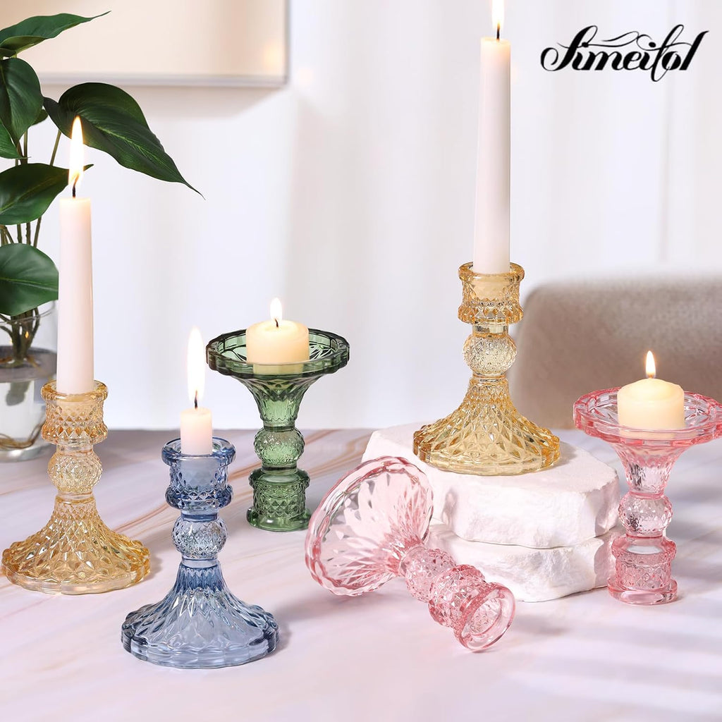 Glass Candle Holder Set of 12, Pink Taper Candle Holders Bulk, Vintage Candlestick Holders, Candle Stick Holder for Table Centerpieces, Wedding & Mother's Day