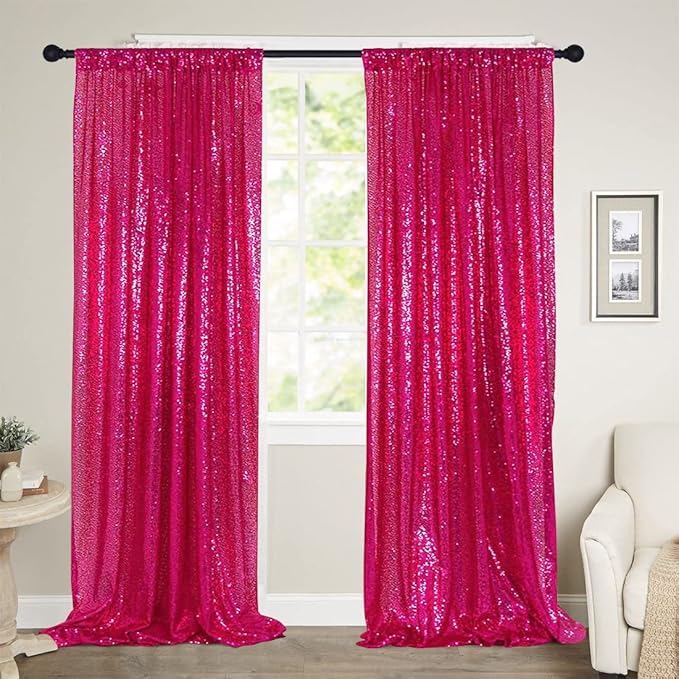 Poise3EHome Hot Pink Sequin Backdrop Curtain, 2 Panels Hot Pink Sequin Backdrop, 2FTx8FT Sequin Curtains for Party Wedding Sequence Backdrop