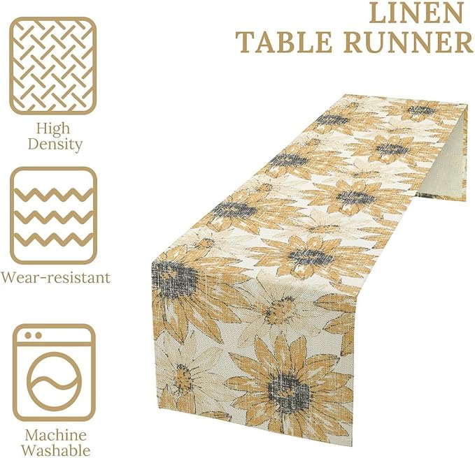 Chrysanthemum Vintage Floral Table Runner, Elegant Grunge Orange Sunflower Spring Summer Elegant Pattern Artichokes Flower Table Runner for Party Kitchen Dining Living Room Decor, 13x90 Inch