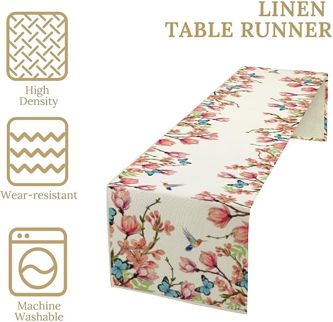 Spring Floral Bird Table Runner, Watercolor Pink Flower Plants Nature Butterfly Table Runner for Kitchen Dinner Living Room Home Party, 13x70 Inch