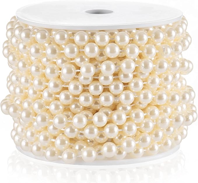 Craft String Pearls 8MM Pearl Bead, 33 Feet Ivory Faux Pearl Garland Spool Roll Strand Wedding Party Decoration, Christmas Tree Decorations