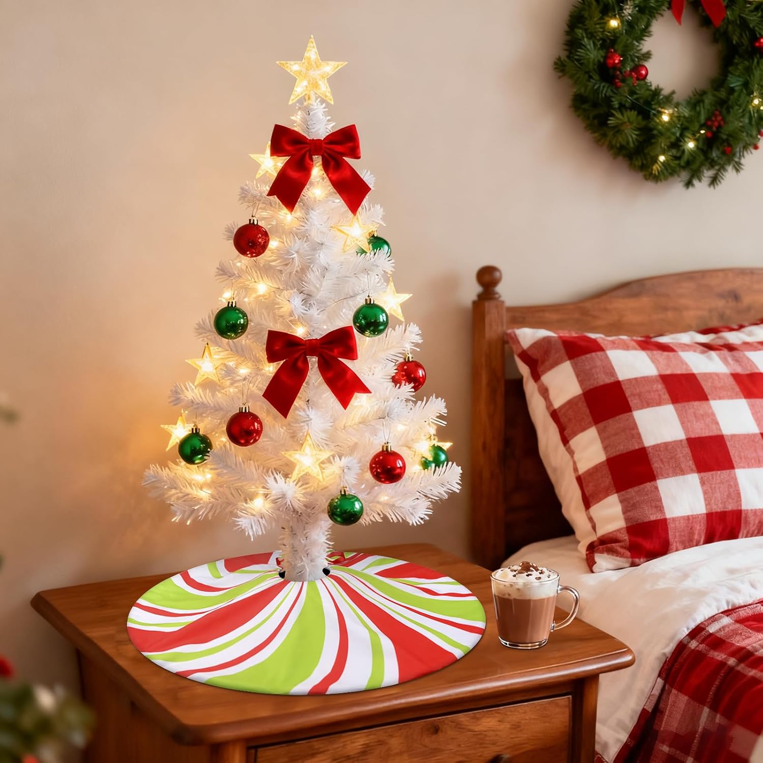 yuboo 24 Inch Red and Green Spiral Tree Skirt - Mini Peppermint Candy Xmas Tree Mat for 2-4 FT Tabletop Slim Artificial Trees, Lollipop Christmas Tree Decorations