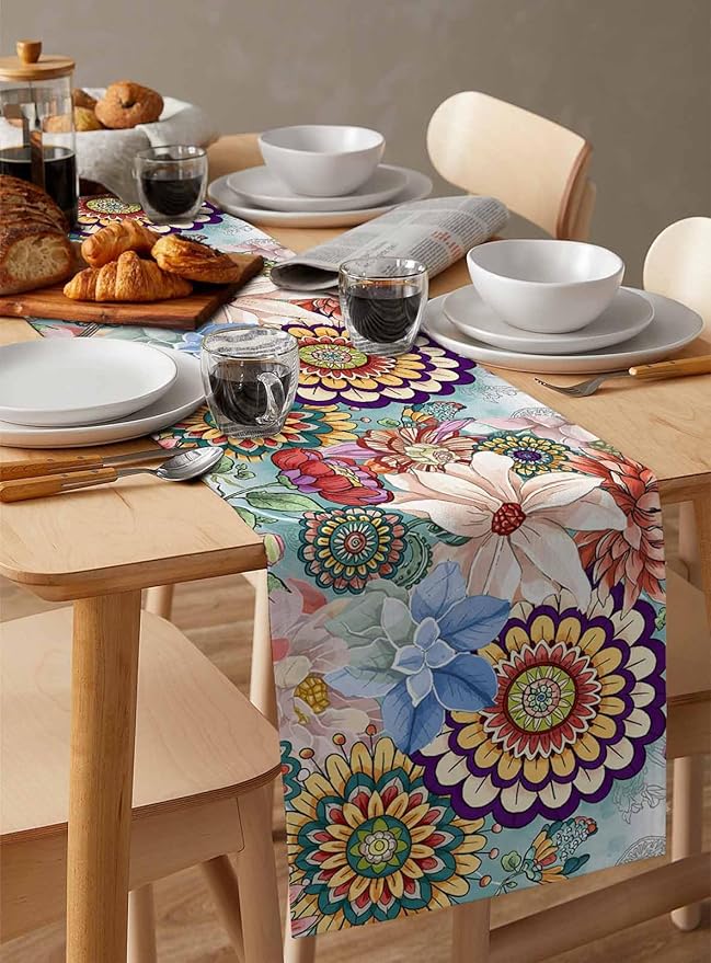 Boho Flowers Cotton Linen Table Runner for Dining Kitchen, Wedding Outdoor Party Tablerunners Decoration, Colorful Floral Farm Vintage Botanical Dresser Scarf Coffee Tablecloth Runners 13x120 Inches