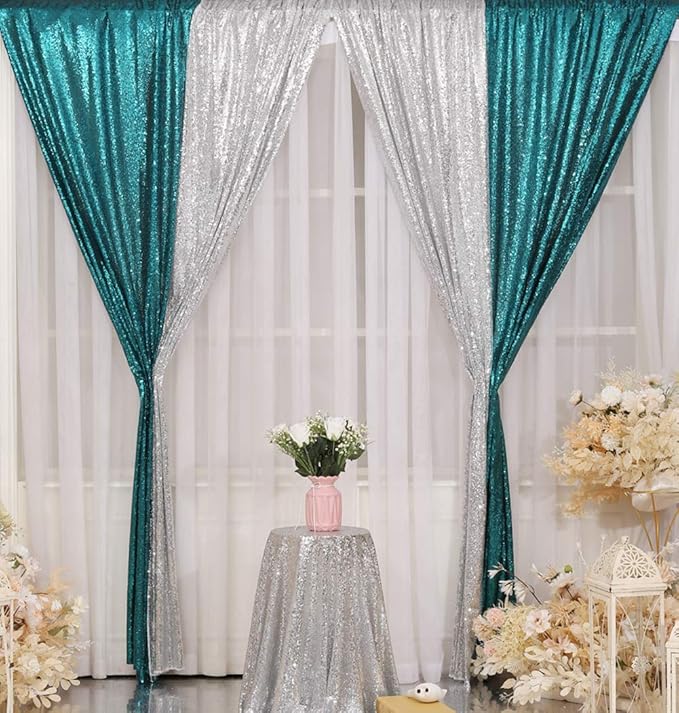 Poise3EHome Teal Sequin Backdrop Curtain,4 Panels 2FTx8FT Glitter Background for Party Birthday Party Baby Shower Wedding Christmas Thanksgiving Halloween Holiday Festival Decor