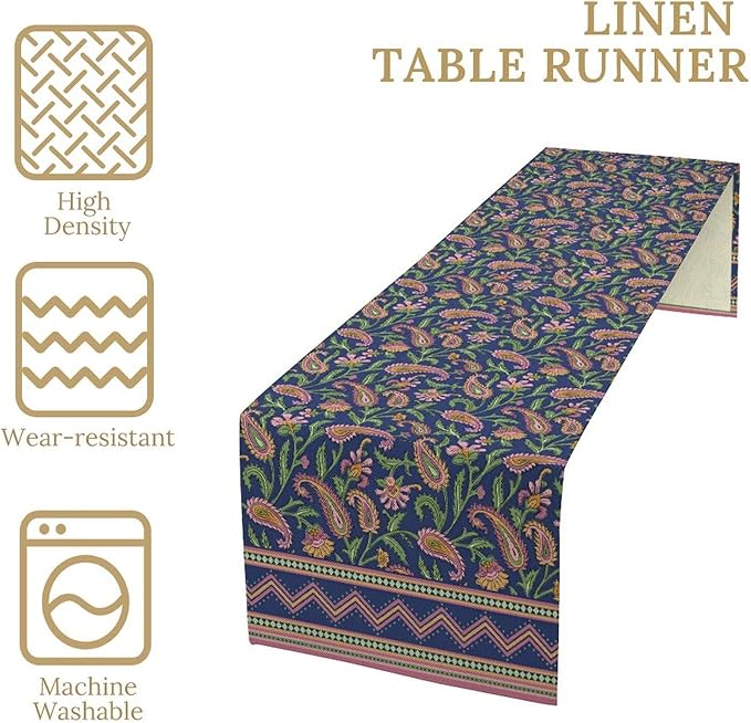 Colorful Paisley Floral Table Runner, Vintage Pink Purple Flowers Green Plants Leaves Print Table Runner for Kitchen Dining Table Indoor Outdoor Home Party, 13x60inch