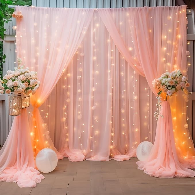 10×10ft Peach Tulle Backdrop Curtain with Lights String for Parties, Sheer Photo Curtain Backdrop Drapes for Wedding Party Photography Backgrounds