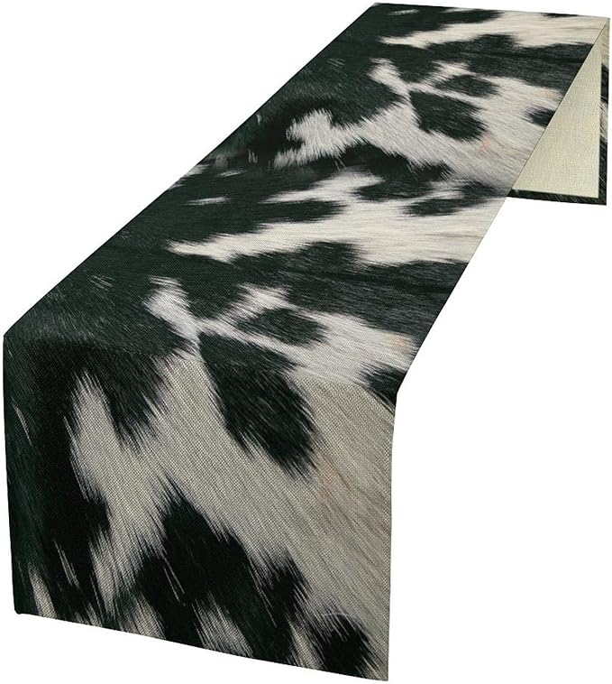 Cow Skin Print Table Runner, Rustic Country Farm Fur Skin Cowhide Pattern Western Style Black White Print Table Runner for Home Kitchen Dinning, 13x90 Inch