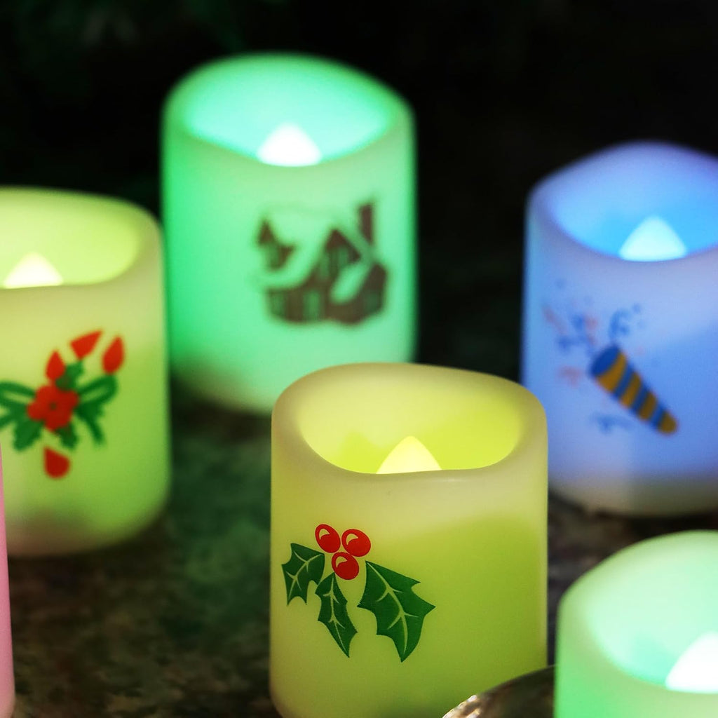 CANDLE CHOICE Christmas Color Changing Battery Operated Flameless Votive Candles Small Realistic Electric LED Votives with Christmas Theme Decals for Xmas Party Decorations 12 Pack Batteries Included