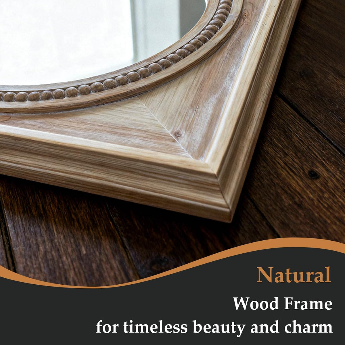 rustic square wood wall mirror with beaded trim shown in use