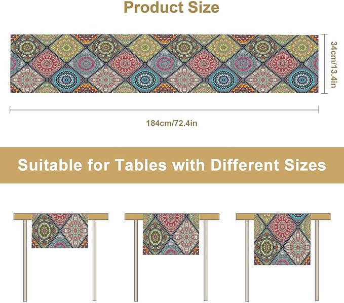 Boho Bohemian Table Runner, Vintage Indian Floral Print Table Cover for Farmhouse Kitchen Dining Table Decor Holiday Party, 13x36inch