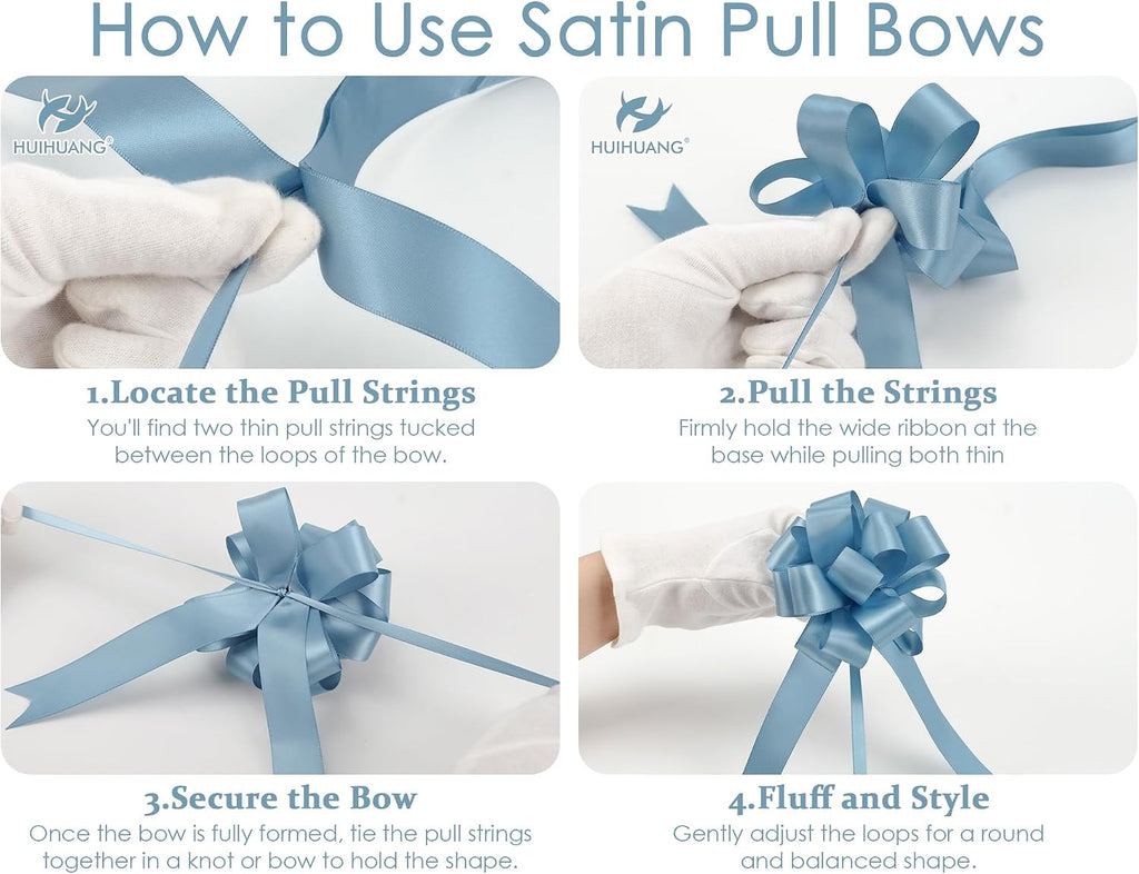 HUIHUANG Dusty Blue Pull Bows 4"x8" Blue Satin Gift Bow for Gift Wrapping, Presents, Gift Basket, Paper Bag, Baby Shower Favors, Wrapping Accessories, Wedding Bridal Shower Decor, 12 PCS