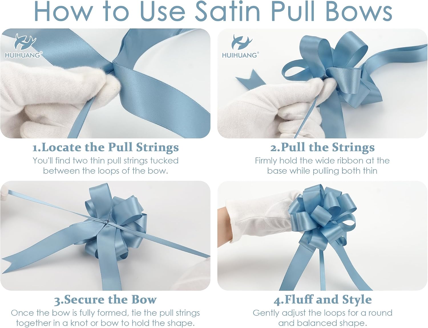HUIHUANG Dusty Blue Pull Bows 4"x8" Blue Satin Gift Bow for Gift Wrapping, Presents, Gift Basket, Paper Bag, Baby Shower Favors, Wrapping Accessories, Wedding Bridal Shower Decor, 12 PCS