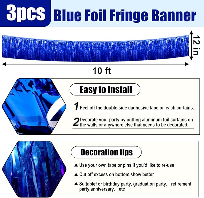3 Pack 10 Long Blue Metallic Foil Fringe Garland Wall Hanging Tassle Banner, Mother's Day, Easter, Parade Floats, Birthday, Theme Party, Wedding Party Decorations