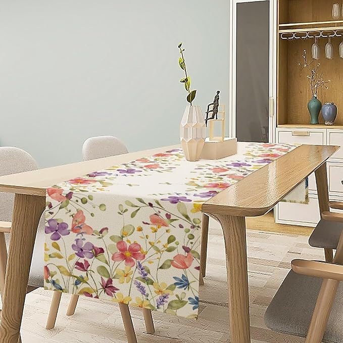 Floral Table Runner,Flowers Plant Print Spring Table Runner for Kitchen Dining Table Decoration for Home Party Decor 13x90 Inch