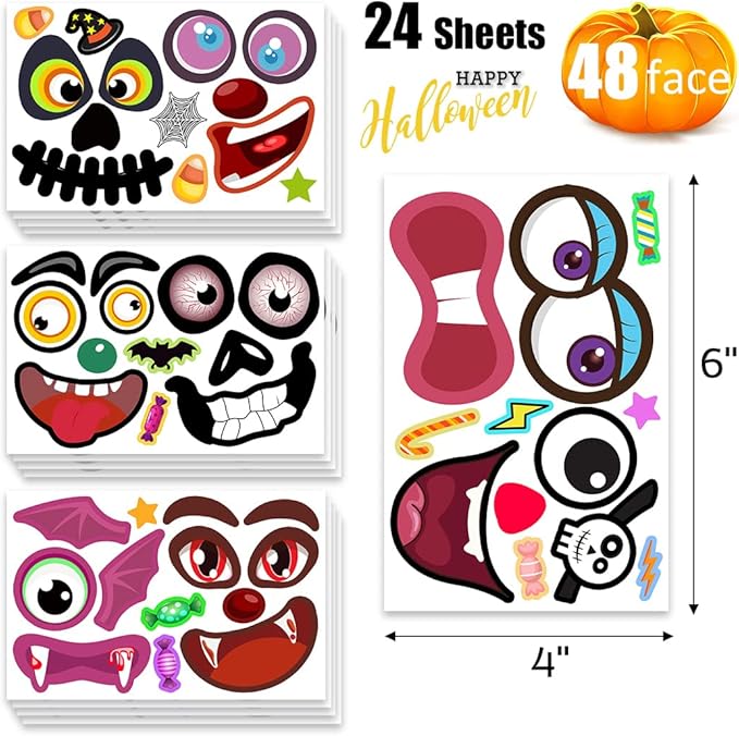 48Packs Pumpkin Decorating Kit, Make Your Own Small Pumpkin face Stickers, Halloween Pumpkin Decorating Stickers for Kids Halloween Party Favors