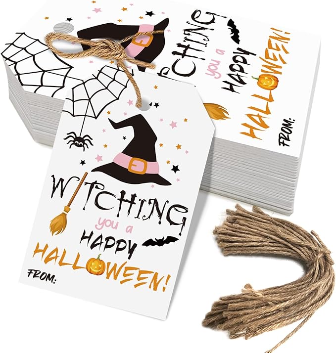 Aukolass 50pcs Happy Halloween Treat Tags,Witch Themed Gift Tags for Halloween Party Favors and Gift Wrapping Decoration(Witching)