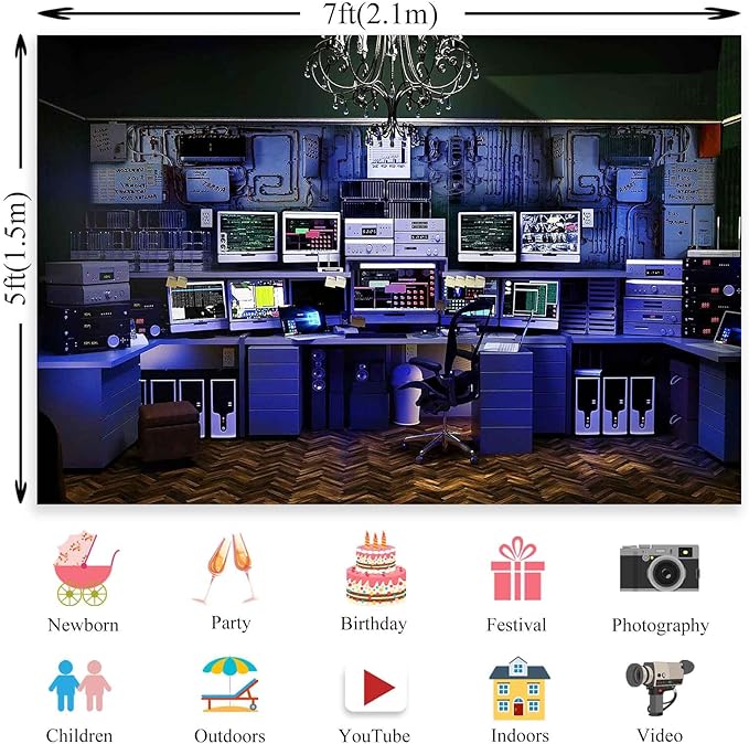 Computer Office Backdrop Retro Computer Photo Backdrop Blue Computers Hacker Room Background for Photography Party Room Decorations Photo Booth Props Supplies 7x5 YUNBDJ557