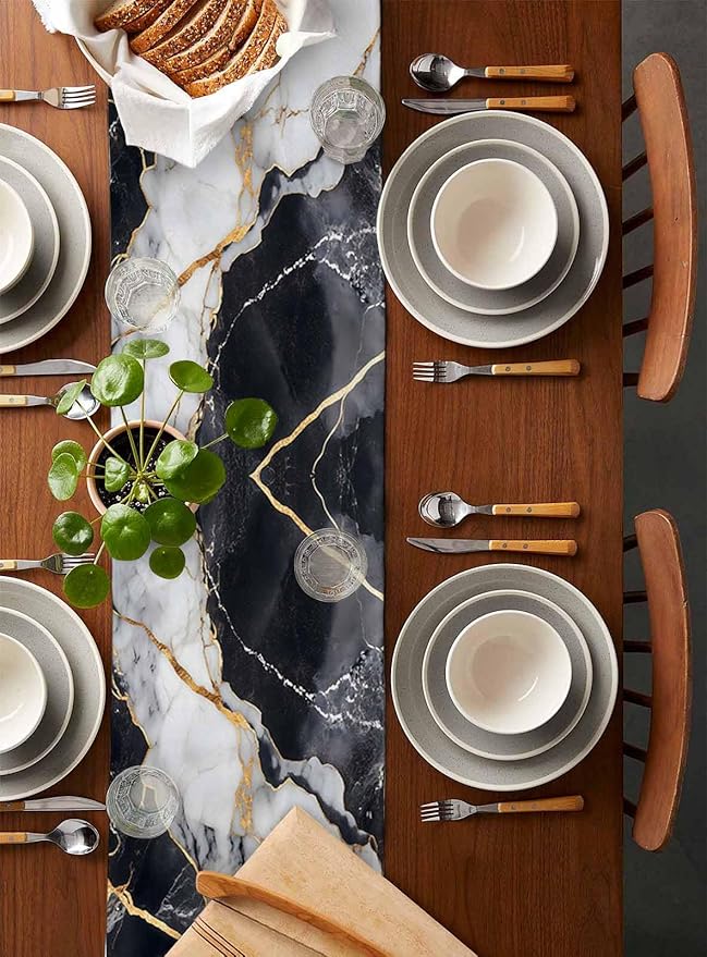 Black White Marble Cotton Linen Table Runner for Dining Kitchen, Wedding Outdoor Party Tablerunners Decoration, Nature Marble Crack Modern Art Dresser Scarf Coffee Tablecloth Runners 13x90 Inches