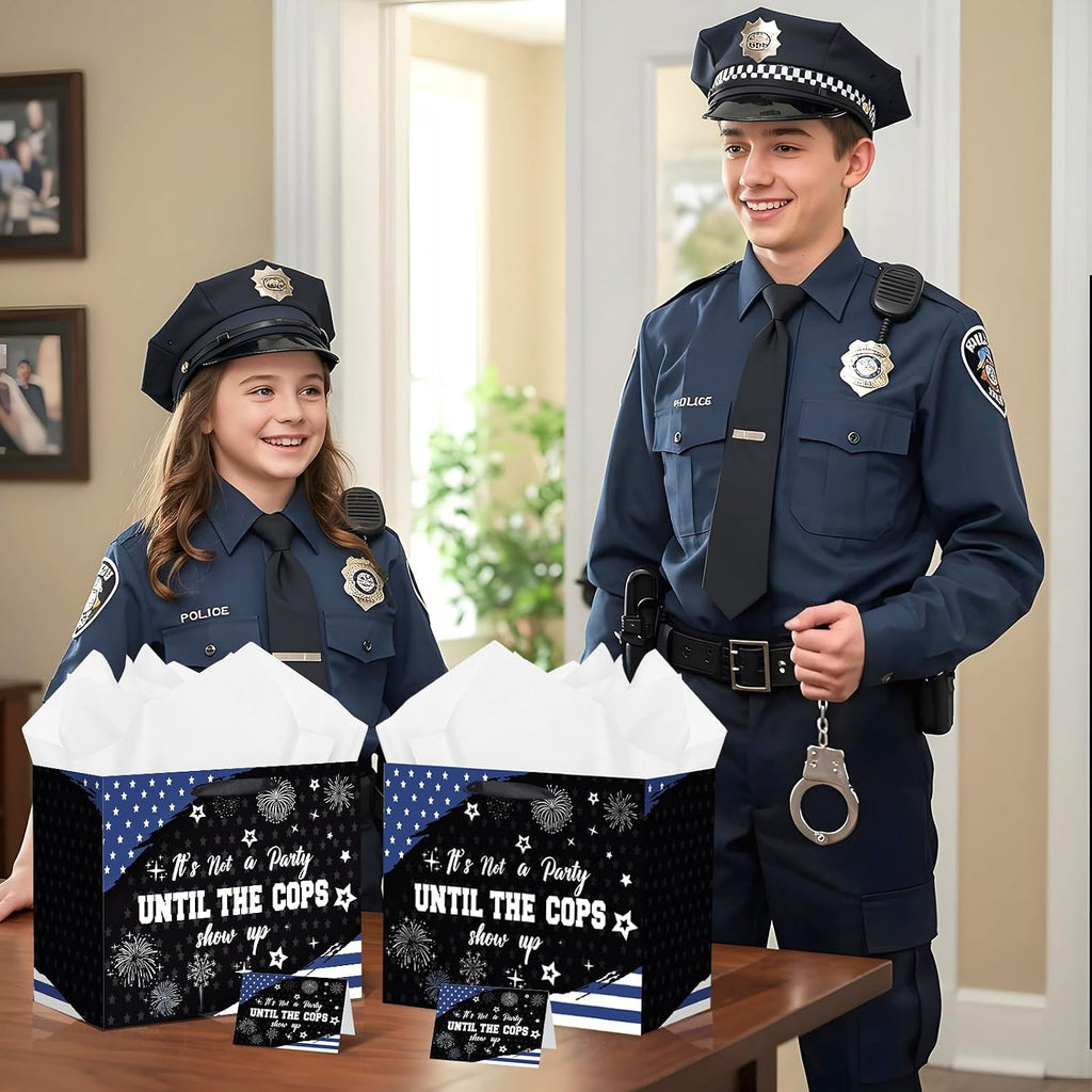 LUUFILx Police Gift Bag for Men Women It's Not a Party Until The Cops Show Up with Wrapping Paper Card Black White and Blue American Flag Police Theme Decor for Birthday Grad Retirement Party(Blue)