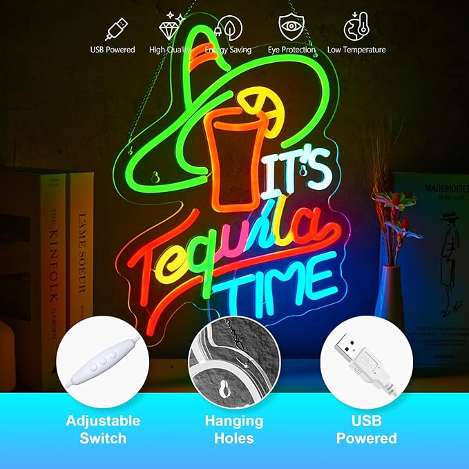 It's Tequila Time Neon Sign Tequila Time Neon Sign for Wall Decor Mexican Tequila USB Dimmable LED Neon Lights for Beer Bar Kitchen Restaurant Home Pub Party Man Cave Club Shops Hotel Store Business Gift