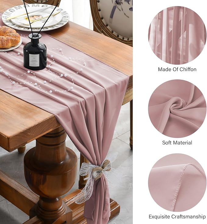 2 Pack 10 Ft Chiffon Table Runner Dusty Rose Gauze Long Table Runners 27x120 Inches Sheer Tulle Table Runner for Rustic Wedding Reception Bridal Shower Decorations Birthday Party