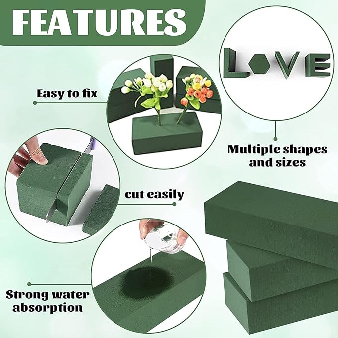 6 Pcs Floral Foam, Wet and Dry Floral Foam Blocks Flower Arrangement Kit for Fresh or Silk Artificial Flowers (Green, 6" L x 3" W x 2.5" H)