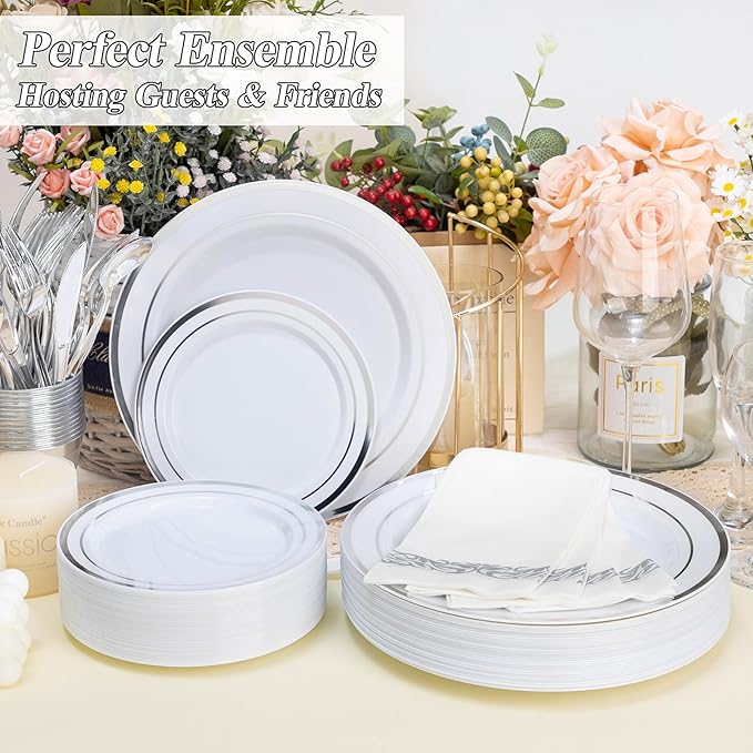 100PCS Silver Plastic Plates Set, 50 10.25 inch Dinner Plate and 50 7.5 inch Dessert Plates, Premium Disposable Plates for Party, Wedding