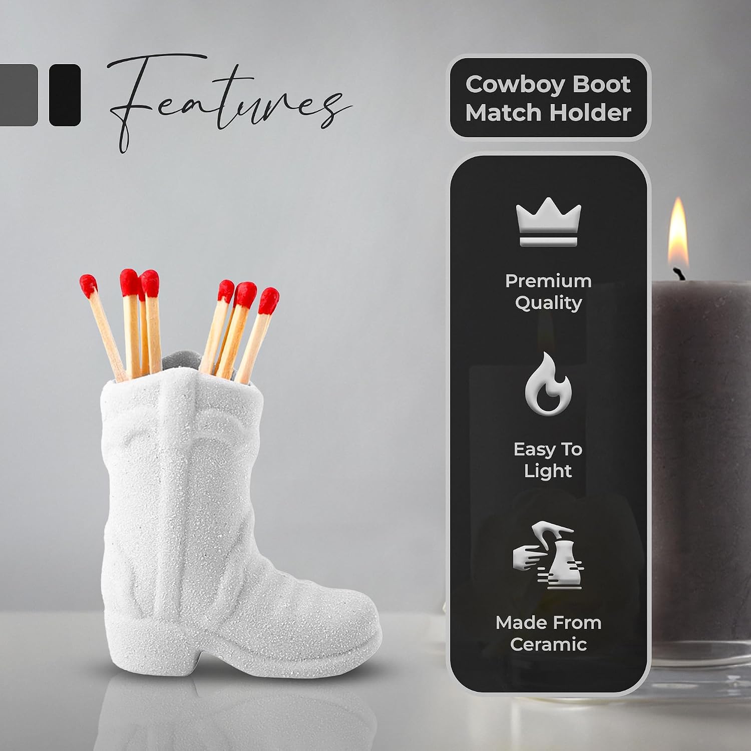 Cowboy Boot Match Holder with Striker – 1-Pack White Ceramic | Handmade Western Cowgirl Decor for Rustic, Farmhouse, or Aesthetic Homes