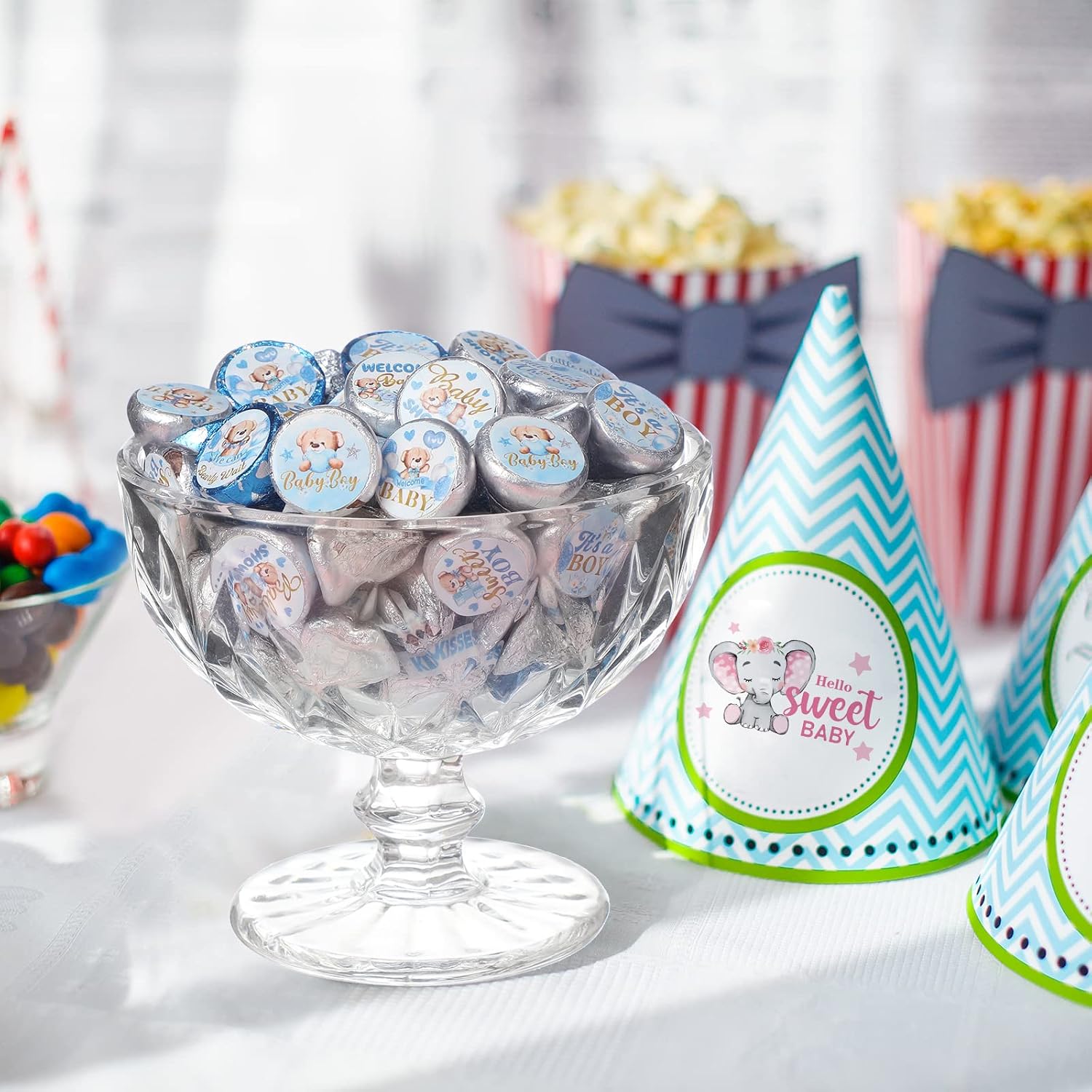 Clabby 504 Pieces Boy Girl Baby Shower Favors Stickers Mini Kisses Candy Stickers Chocolate Drop Labels Wrappers Little Cutie Baby Shower Decoration for Sprinkle Birthday Party(Blue Bear)