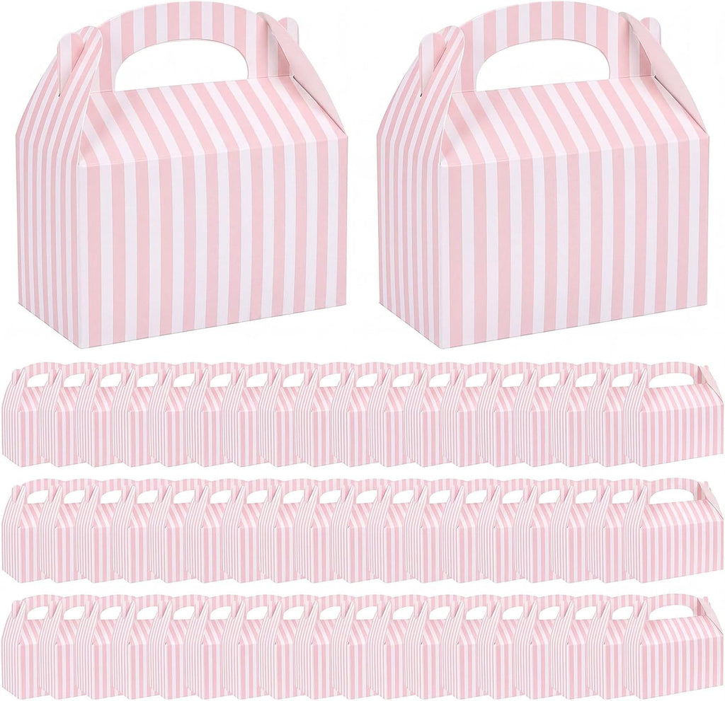 TecUnite 50 Pcs Pink Striped Party Favors Boxes Large Treat Candy Gift Boxes with Handles 6.3 x 6.3 x 3.5 Inches for Birthday Halloween Christmas Party Supplies