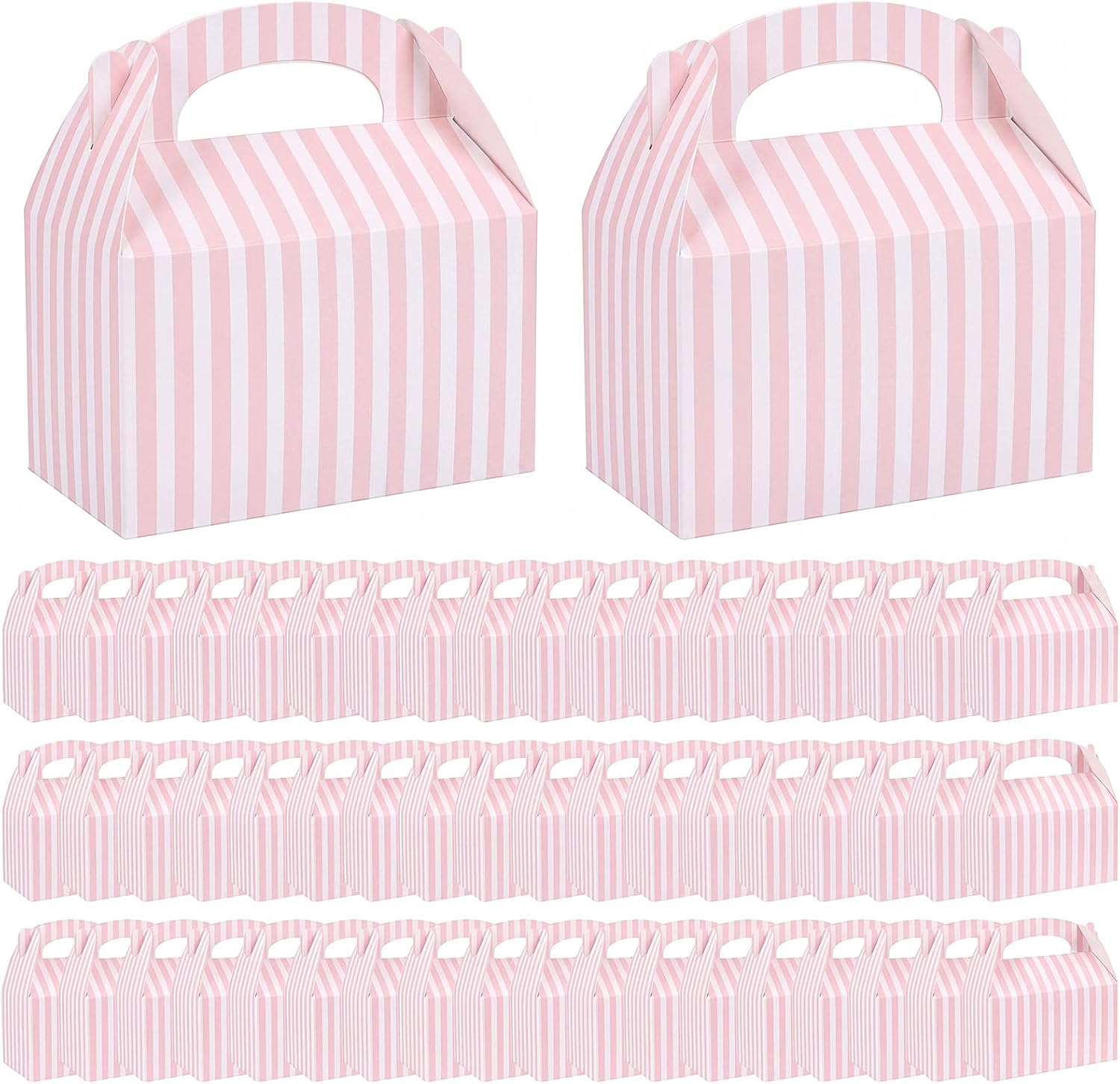 TecUnite 50 Pcs Pink Striped Party Favors Boxes Large Treat Candy Gift Boxes with Handles 6.3 x 6.3 x 3.5 Inches for Birthday Halloween Christmas Party Supplies