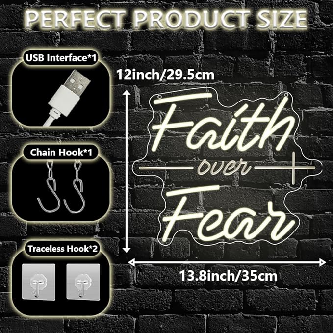 Faith Over Fear Neon Sign,Christian Dimmable LED Light Signs for Wall Art Decor,Warm White Backdrop for Bedroom Club Party Man Cave,Gift for Teen Men USB Powered（13.8"*11.6"）