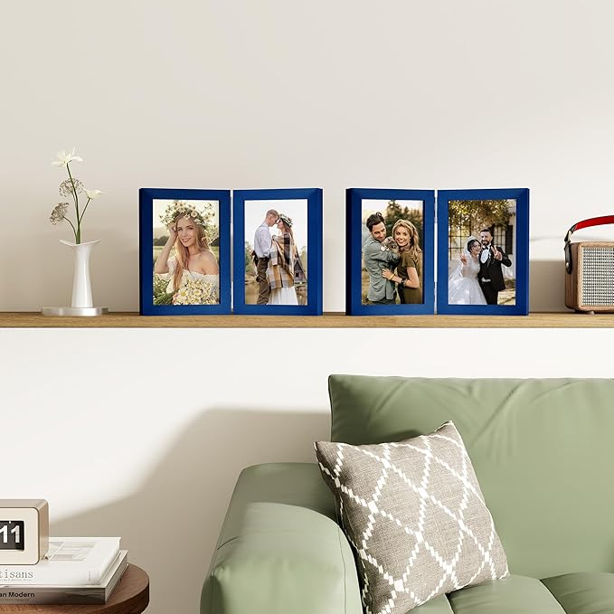 decorUhome Double 5x7 Picture Frame Vertical, Engineered Wood Bifold Photo Frame with Plexiglass for Tabletop Display, 5x7, Royal Blue