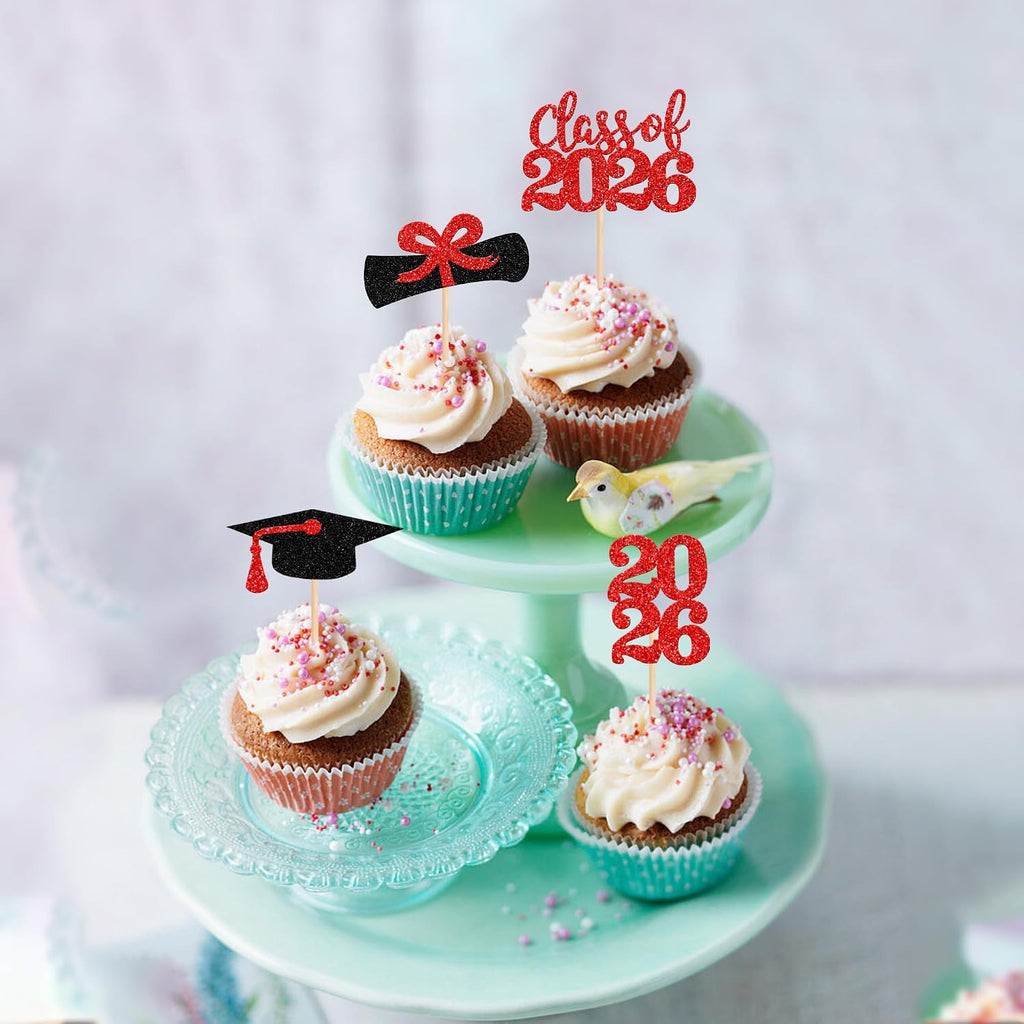 36 PCS 2026 Graduation Theme Cupcake Toppers Glitter Class of 2026 Grad Cap Diploma Cupcake Picks 2026 Graduation Theme Party Cake Decorations Supplies Red