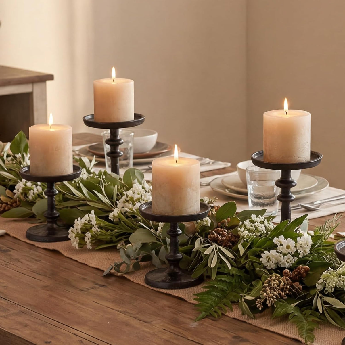 Black Cast Iron Pillar Candle Holders Set of 2 Farmhouse Candlesticks